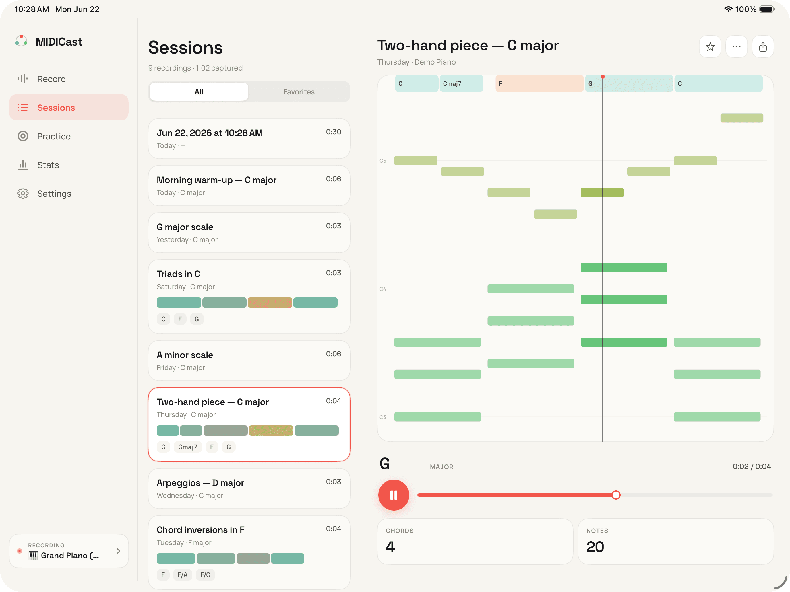The library and piano-roll side by side on iPad